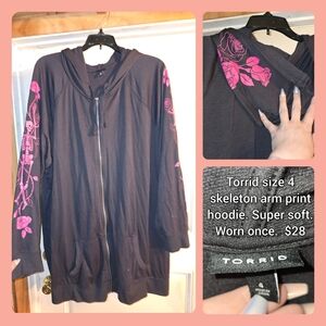 Torrid Black Hoodie with Pink Floral Skeleton Design